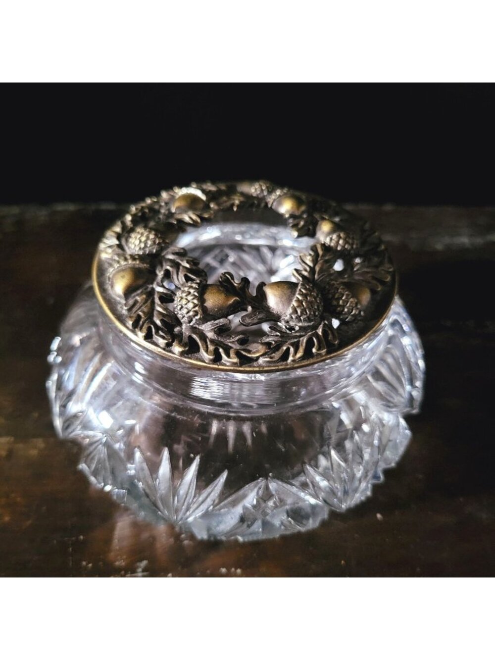 Vintage Cut Glass Jar With Openwork Acorn & Oak Leaf Metal Lid, Potpourri Jar